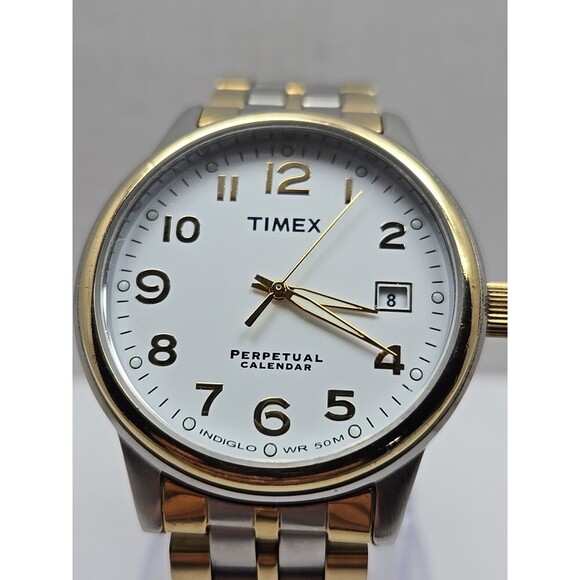Mens Timex Perpetual Calendar Indiglo Two Tone Dress Quartz Date 50M New Battery - Picture 4 of 12